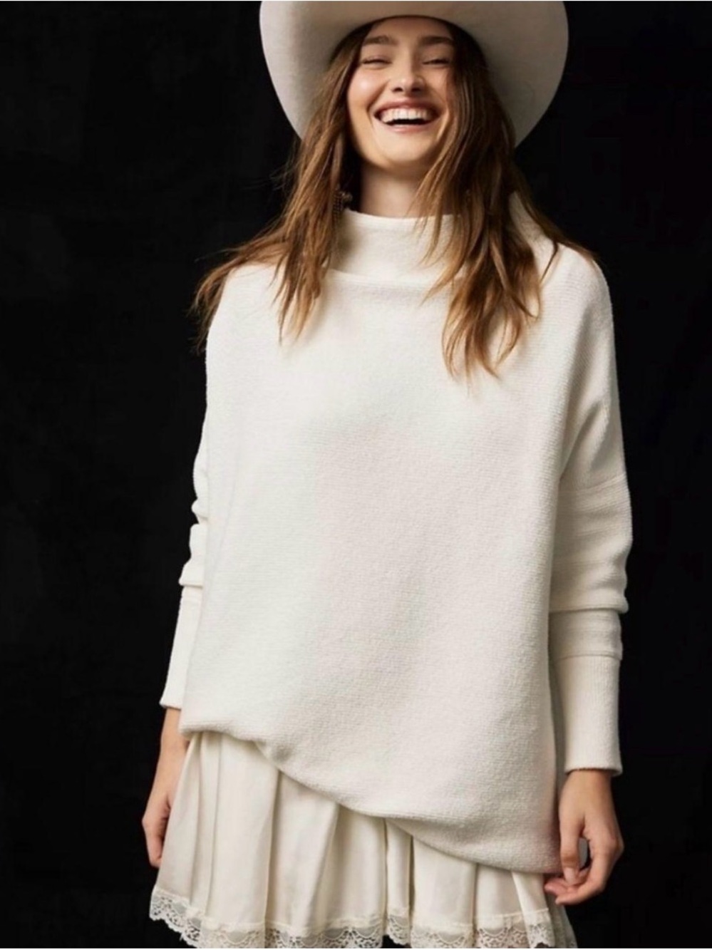 Free People Ottoman Slouchy Tunic Sweater Ivory Cream Mock Neck Oversized Cozy - Picture 3 of 14